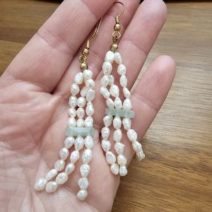 Aventurine & Fresh Water Pearl Long Dangle Bead Pierced Earrings